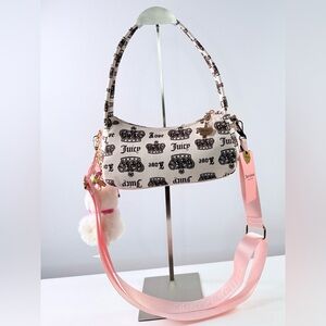 Juicy Couture Cream Crown Print Mini Shoulder Bag with Pink Strap